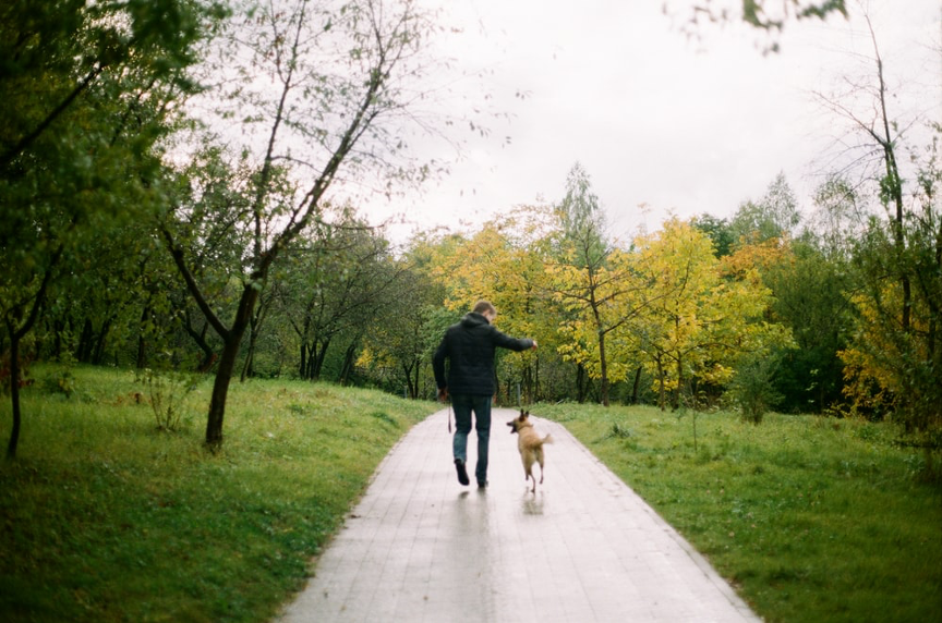 man walking in the park with his dog